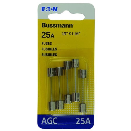 EATON BUSSMANN Glass Fuse, AGC Series, Fast-Acting, 25A, 32V AC, 1kA at 32V AC BP/AGC-25-RP